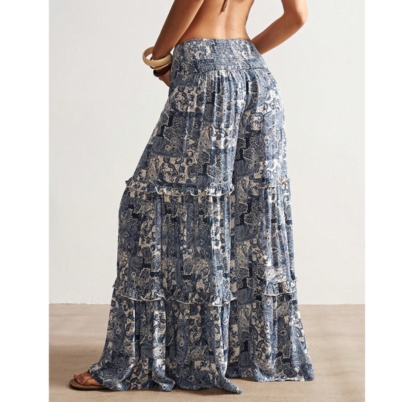 Boho Paisley Print Stretchy Waist Wide leg Pants - Picture 4 of 5